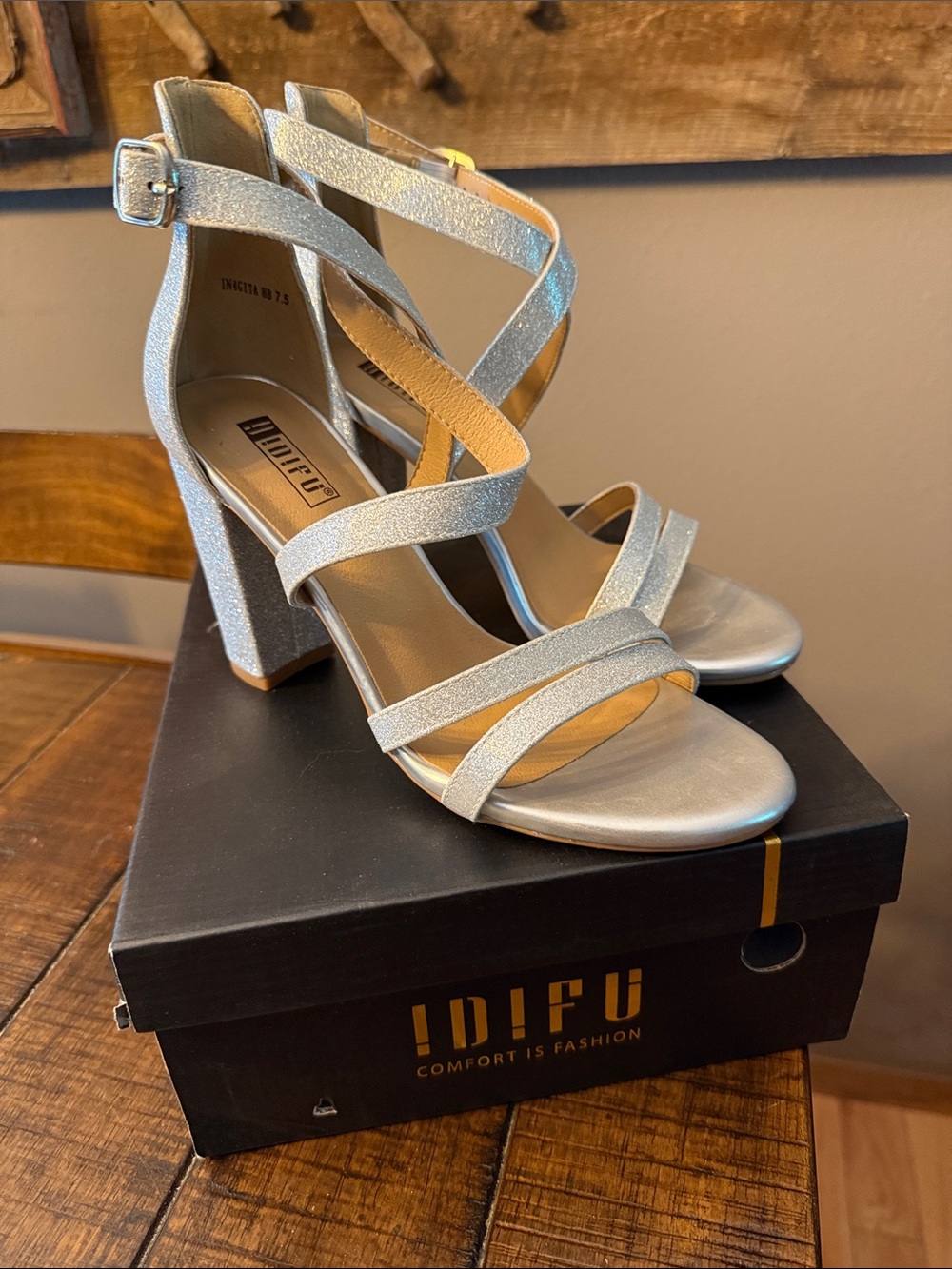 Sparkly Silver Crisscross Block Heel Sandals